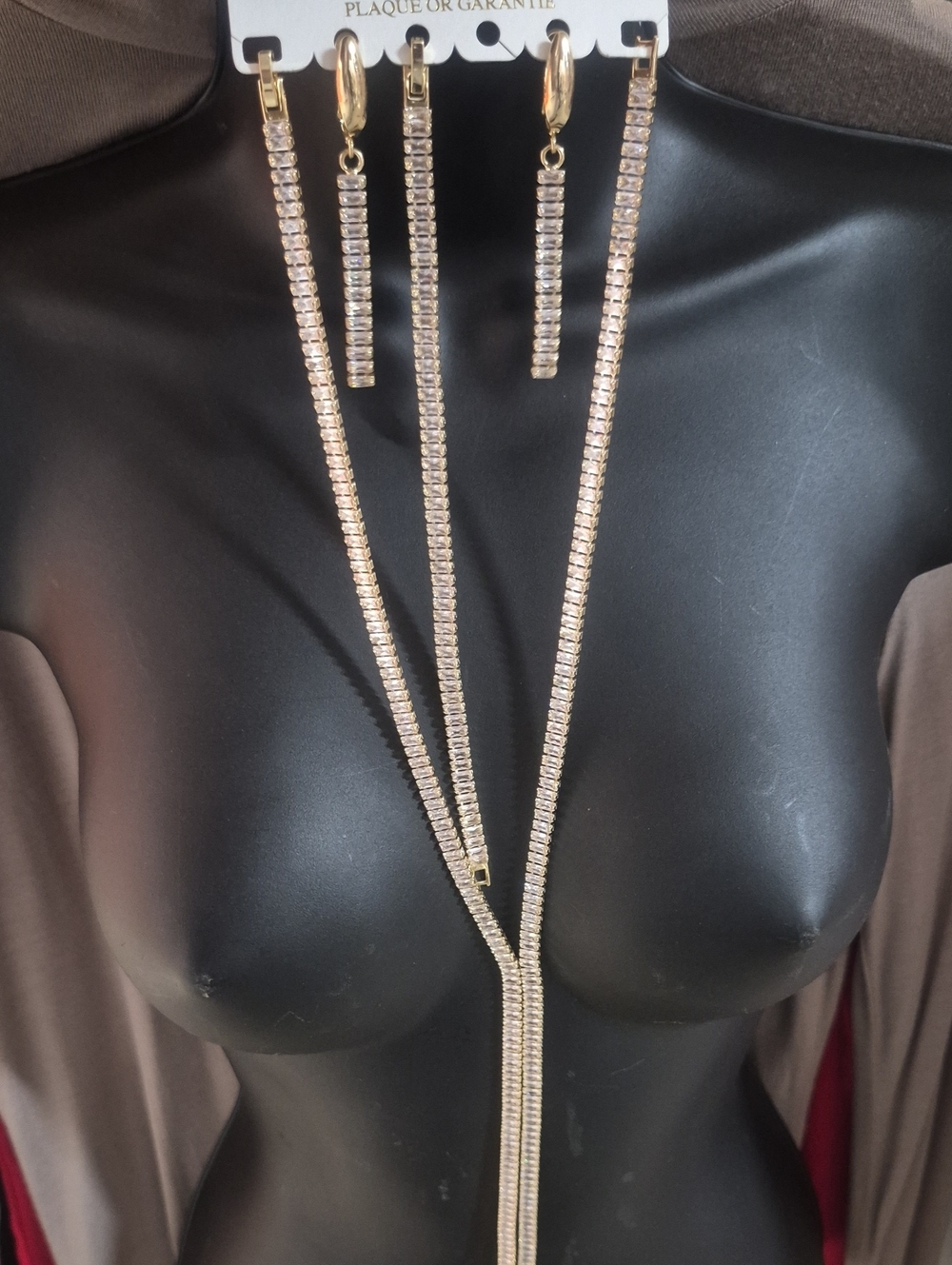 Gold Crystal Y-Style Necklace Bracelet and Drop Earrings Set